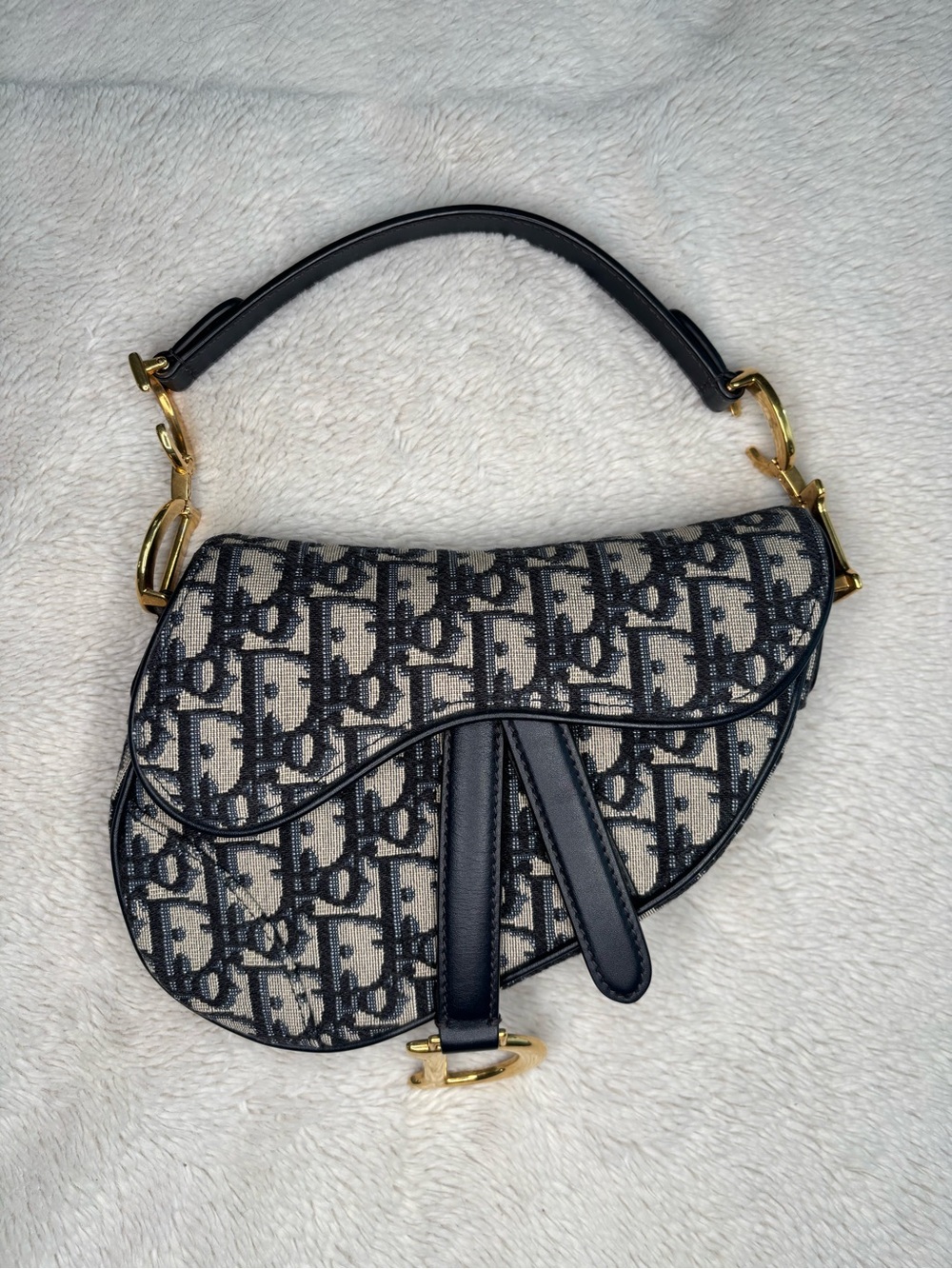 Christian Dior Vintage Oblique Saddle Bag Navy Trotter Monogram Gold Hardware